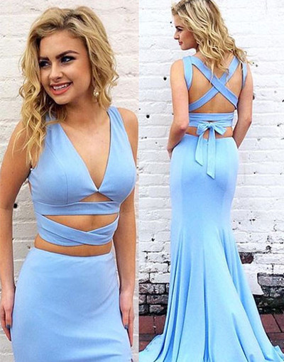 Mermaid Two-Piece Sexy V-Neck Blue Long Prom/Evening Dress