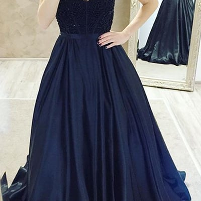 New arrival sweetheart ball gown dark navy a-line prom dress with beading