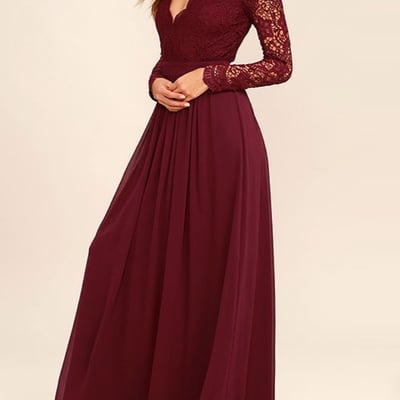 Lace burgundy chiffon bridesmaid dresses,beautiful simple prom dress with long sleeves
