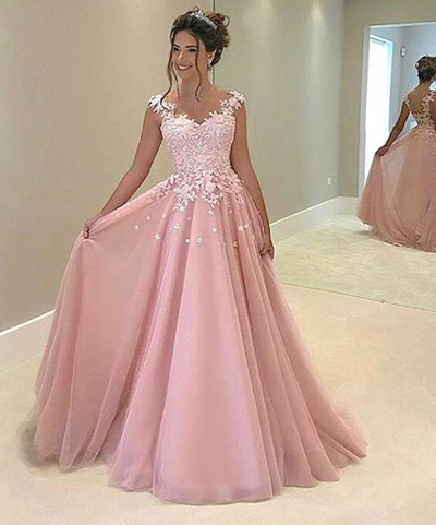 Lace Appliqued Prom Dress,Ball Gown Pink Prom Dresses,Long Prom Dresses