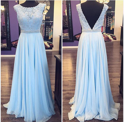 Blue Chiffon with Lace Appliqued Prom Dresses,Long Prom Dresses