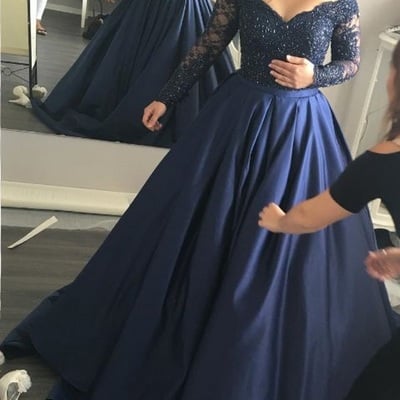 Long sleeve navy blue lace ball gown prom dress,custom made evening dress - Thumbnail 4