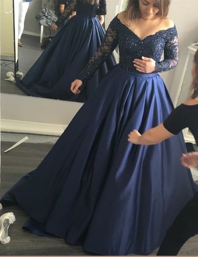 Long Sleeve Navy Blue Lace Ball Gown Prom Dress,Custom Made Evening Dress