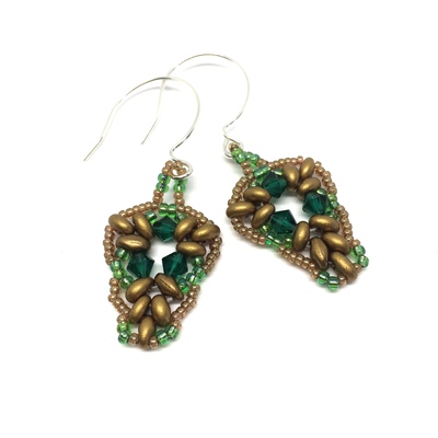 Emerald Green Color Crystals with Bronze accent Earrings, sterling silver ear hooks