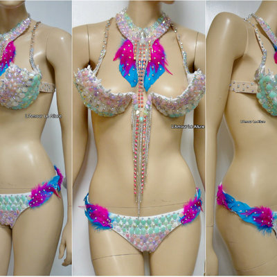 Pastel unicorn princess diamond samba cage bra with bottom cosplay dance costume rave bra halloween burlesque show girl