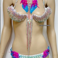 Pastel Unicorn Princess Diamond Samba Cage Bra with Bottom Cosplay Dance Costume Rave Bra Halloween Burlesque Show Girl - Thumbnail 1