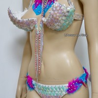 Pastel Unicorn Princess Diamond Samba Cage Bra with Bottom Cosplay Dance Costume Rave Bra Halloween Burlesque Show Girl - Thumbnail 2