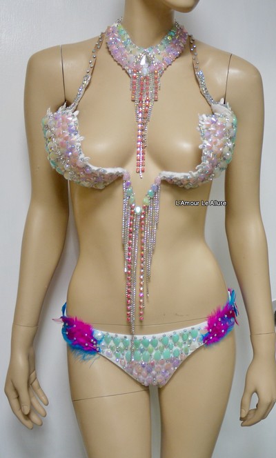 Pastel Unicorn Princess Diamond Samba Cage Bra with Bottom Cosplay Dance Costume Rave Bra Halloween Burlesque Show Girl