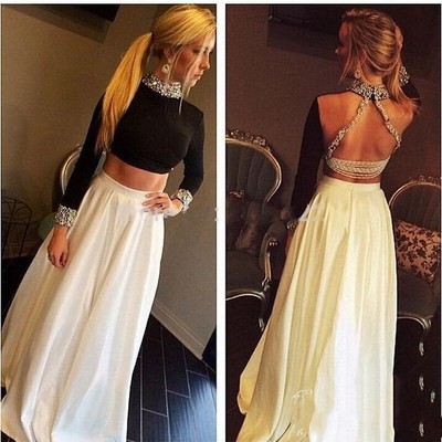 Sexy open back prom dress, long sleeves evening dress,sexy two piece graduation dress