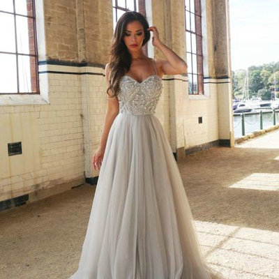 A line silver tulle prom dress,spaghetti straps evening dress,sexy beaded graduation dress