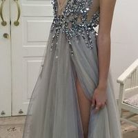 Sexy Luxury Bling Sparkle Light Grey Prom Dress Evening Dress Deep V-neck Beaded Backless Prom Dress - Thumbnail 1