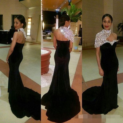 Luxury bling black girl prom dress velvet one shoulder long prom dresses evening dress - Thumbnail 3