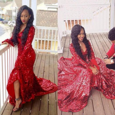 Luxury bling black girl prom dress red v-neck sequins lace long prom dresses evening dress - Thumbnail 4