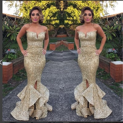 Strapless gorgeous mermaid long sequins prom dress with side slit