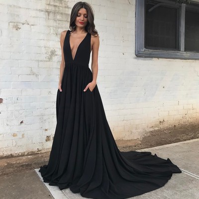 Sexy Deep V Neck Prom Dress , Chiffon Black Long Prom Dress with Train