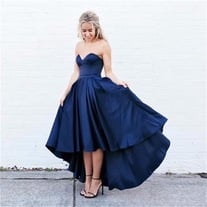 Beautiful Tea Length Blue Strapless Party Dress,Satin Prom Dress With High Low Skirt
