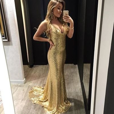 Sequin gold v neck backless prom dress , mermaid prom dress, formal gown