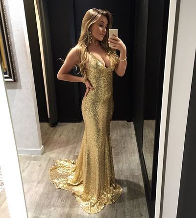 Sequin Gold V Neck Backless Prom Dress , Mermaid Prom Dress, Formal Gown