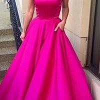 Sexy Fuchsia Off Shoulder Satin A Line Prom Dress, Formal Gown With Pockets - Thumbnail 1