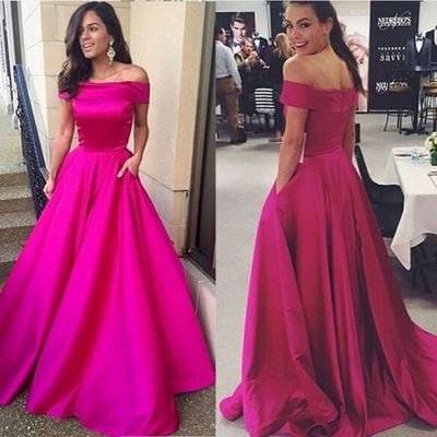 Sexy fuchsia off shoulder satin a line prom dress, formal gown with pockets