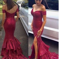 Off The Shoulder Dark Red Sequin Slit Mermaid Prom Dress Layered Skirt - Thumbnail 1
