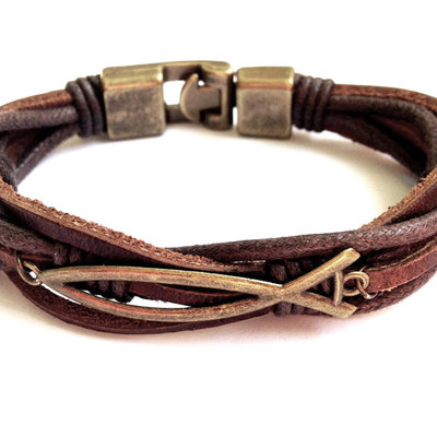 Leather bracelet men faith bracelet  christian leather bracelet rustic bracelet mens jewelry gift for him fish symbol bracelet christian