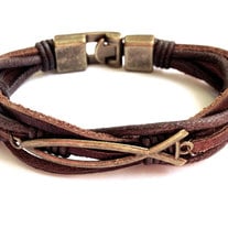 Leather bracelet men Faith Bracelet  Christian Leather Bracelet Rustic Bracelet Mens Jewelry Gift for Him Fish symbol bracelet Christian