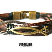 Leather bracelet men Faith Bracelet  Christian Leather Bracelet Rustic Bracelet Mens Jewelry Gift for Him Fish symbol bracelet Christian - Thumbnail 1