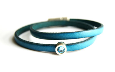 Womens Leather Bracelet, Girlfriend Gift, Thin Wrap Bracelet, Swarovski Aquamarine, Turquoise Leather Bracelet, Blue wrap leather bracelet,