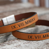 Anniversary Gift Couples gift Set Engagement Gift Personalized Couples Leather Bracelet Roman Numeral Bracelet Matching Bracelets Couples - Thumbnail 2