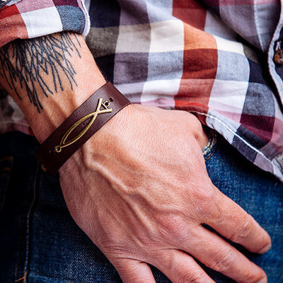 Mens leather cuff, christian leather bracelet, fish symbol, fish bracelet, fathers day gift, gift for dad, inspirational jewelry, mens gift
