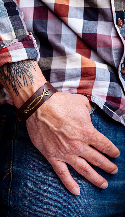 Mens Leather Cuff, Christian Leather Bracelet, Fish Symbol, Fish Bracelet, Fathers Day Gift, Gift for Dad, Inspirational Jewelry, Mens Gift
