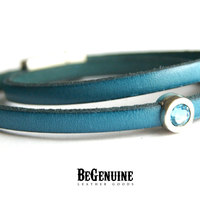 Womens Leather Bracelet, Girlfriend Gift, Thin Wrap Bracelet, Swarovski Aquamarine, Turquoise Leather Bracelet, Blue wrap leather bracelet, - Thumbnail 1
