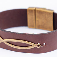 Mens Leather Cuff, Christian Leather Bracelet, Fish Symbol, Fish Bracelet, Fathers Day Gift, Gift for Dad, Inspirational Jewelry, Mens Gift - Thumbnail 1