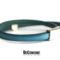 Womens Leather Bracelet, Girlfriend Gift, Thin Wrap Bracelet, Swarovski Aquamarine, Turquoise Leather Bracelet, Blue wrap leather bracelet, - Thumbnail 2