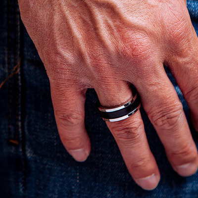 Personalized ring mens black ring leather band mens gift stainless steel ring leather ring anniversary gift for him