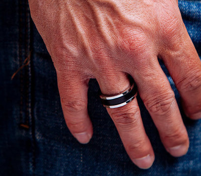 Personalized Ring Mens Black Ring Leather Band Mens Gift Stainless Steel Ring Leather Ring Anniversary gift for Him