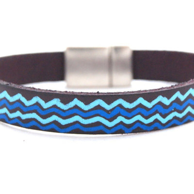Womens leather bracelet, bohemian jewelry, turquoise bracelet, womens jewelry, boho jewelry, chevron pattern, hand painted, ethnic boho chic