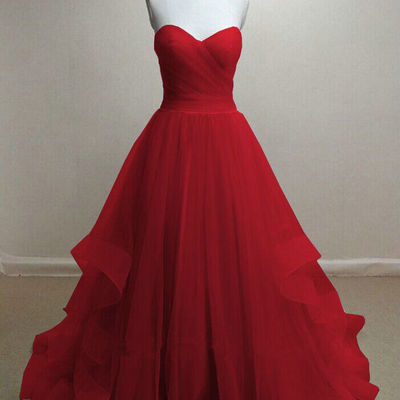 A line red prom dress, simple sweetheart red tulle evening dress
