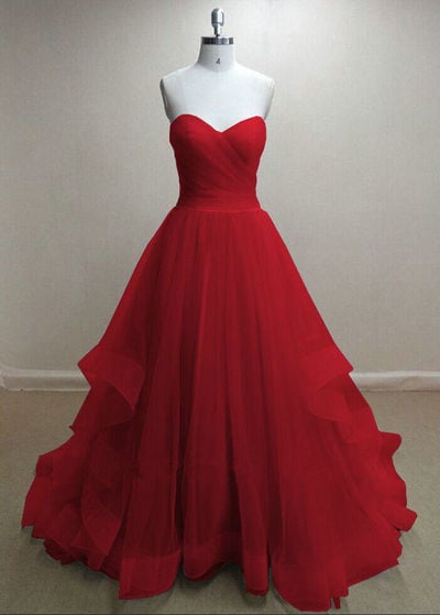 A line Red Prom Dress, Simple Sweetheart Red Tulle Evening Dress