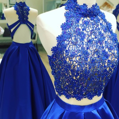 Fashion two piece royal blue prom dress, a line sexy 2 pieces graduation dress