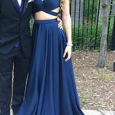 Dark blue prom dress,two pieces long prom dress,sexy v neck evening dress,open back prom dresses,long party dress,formal dresses - Thumbnail 5