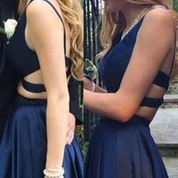 Dark Blue Prom Dress,Two Pieces Long Prom Dress,Sexy V Neck Evening Dress,Open Back Prom Dresses,Long Party Dress,Formal Dresses - Thumbnail 1