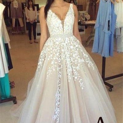 V neck long sexy prom dress,a line wedding dresses