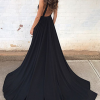 Sexy Prom Dress A-Line Deep V-Neck Court Train Sleeveless Backless Black Chiffon Prom Dress - Thumbnail 1