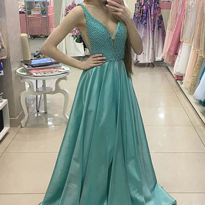 Sexy prom dress a-line deep v-neck sweep train green satin prom dress with beading - Thumbnail 3