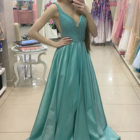 Sexy Prom Dress A-Line Deep V-Neck Sweep Train Green Satin Prom Dress with Beading - Thumbnail 1