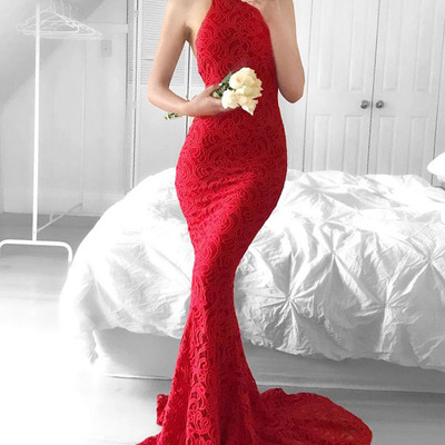 Sexy prom dress mermaid red lace halter backless sweep train prom dress - Thumbnail 4