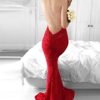 Sexy Prom Dress Mermaid Red Lace Halter Backless Sweep Train Prom Dress - Thumbnail 1