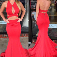 Two Pieces Prom Dress Special V Neck Keyhole Mermaid Backless Red Prom Dress - Thumbnail 1